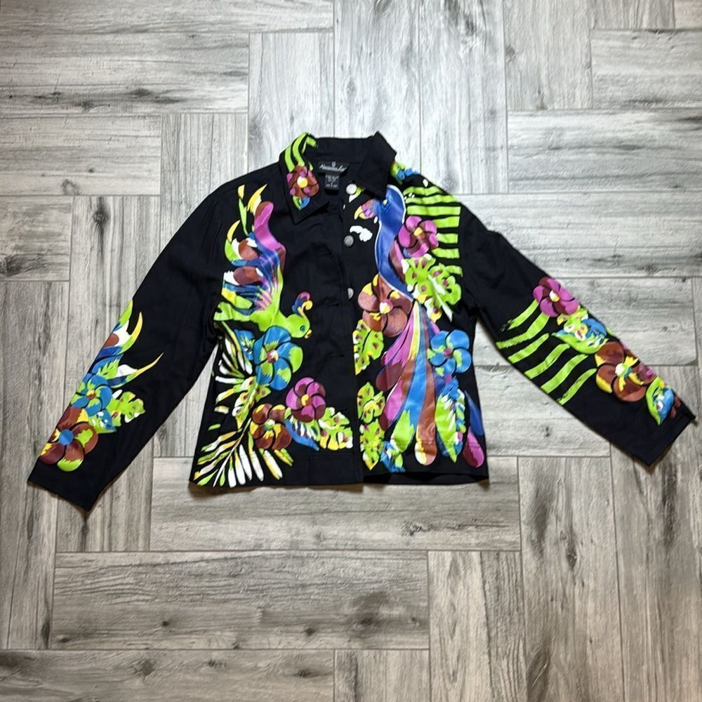 Kensington Lane Women's Black Hand Painted Tropical Art Silk Shirt Jacket Small